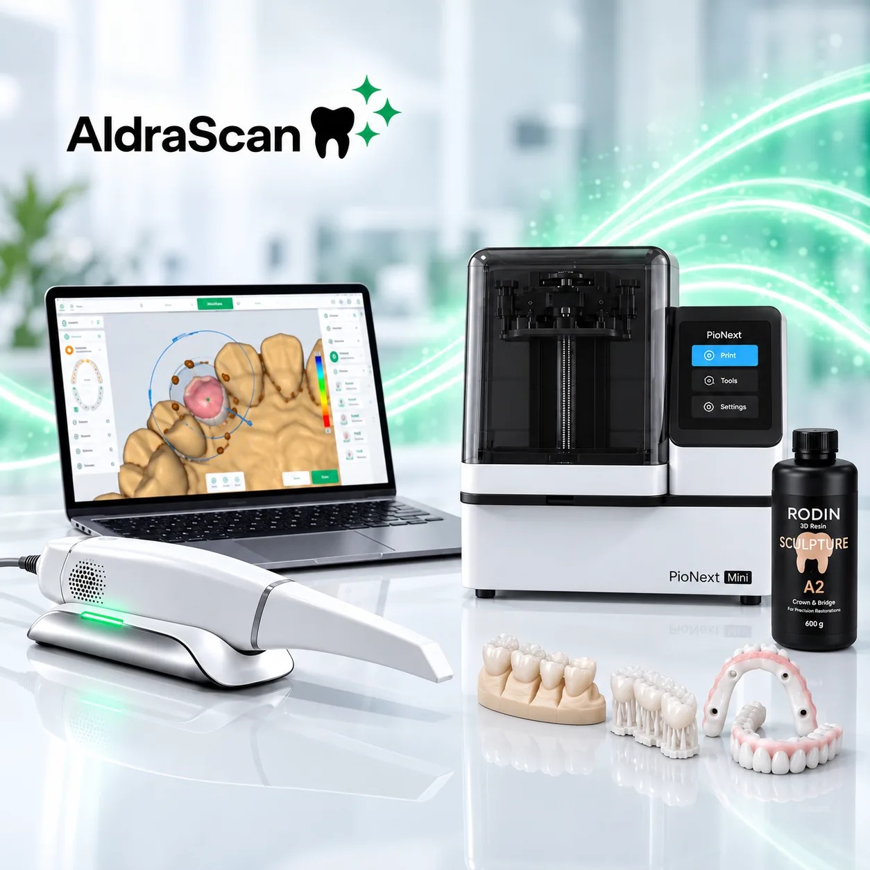 Pack Chairside AldraScan: escáner intraoral L-SCAN, software de diseño en portátil, impresora 3D PioNext Mini y resina con trabajos impresos