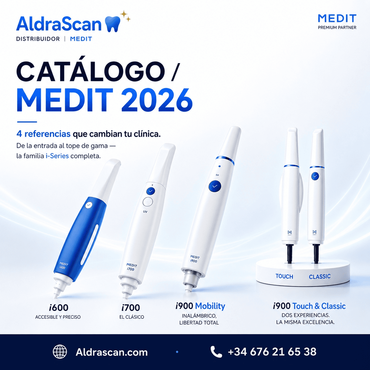 Catálogo Medit 2026 de AldraScan con los escáneres i600, i700, i900 Mobility y i900 Touch & Classic